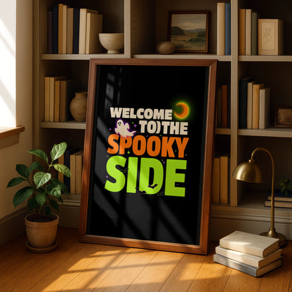 Welcome To The Spooky Side Halloween Poster, Ghost Bat Moon Wall Art Print