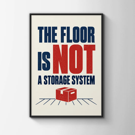 The Floor Is Not A Storage System Funny Home Humour Poster, Navy Red Typography Print