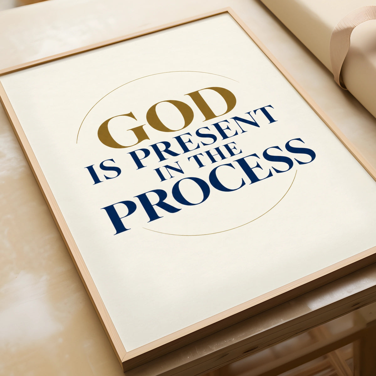 God Is Present In The Process Christian Quote Poster, Faith Wall Art, Navy Gold