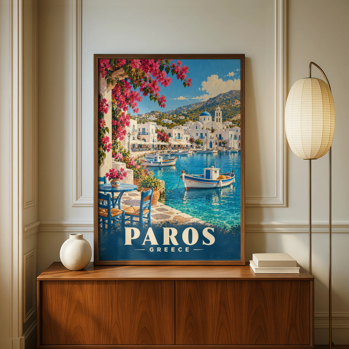 Paros Greece Travel Poster, Greek Island Wall Art, Mediterranean Harbour Print