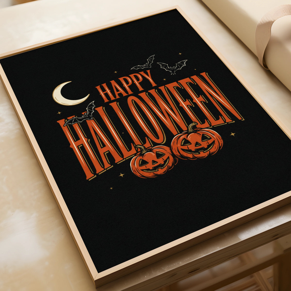 Happy Halloween Poster, Jack-o-Lantern Wall Art, Pumpkin Bat Moon Spooky Print, Orange Black