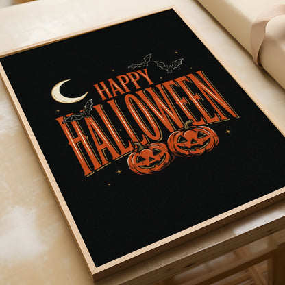 Happy Halloween Poster, Jack-o-Lantern Wall Art, Pumpkin Bat Moon Spooky Print, Orange Black