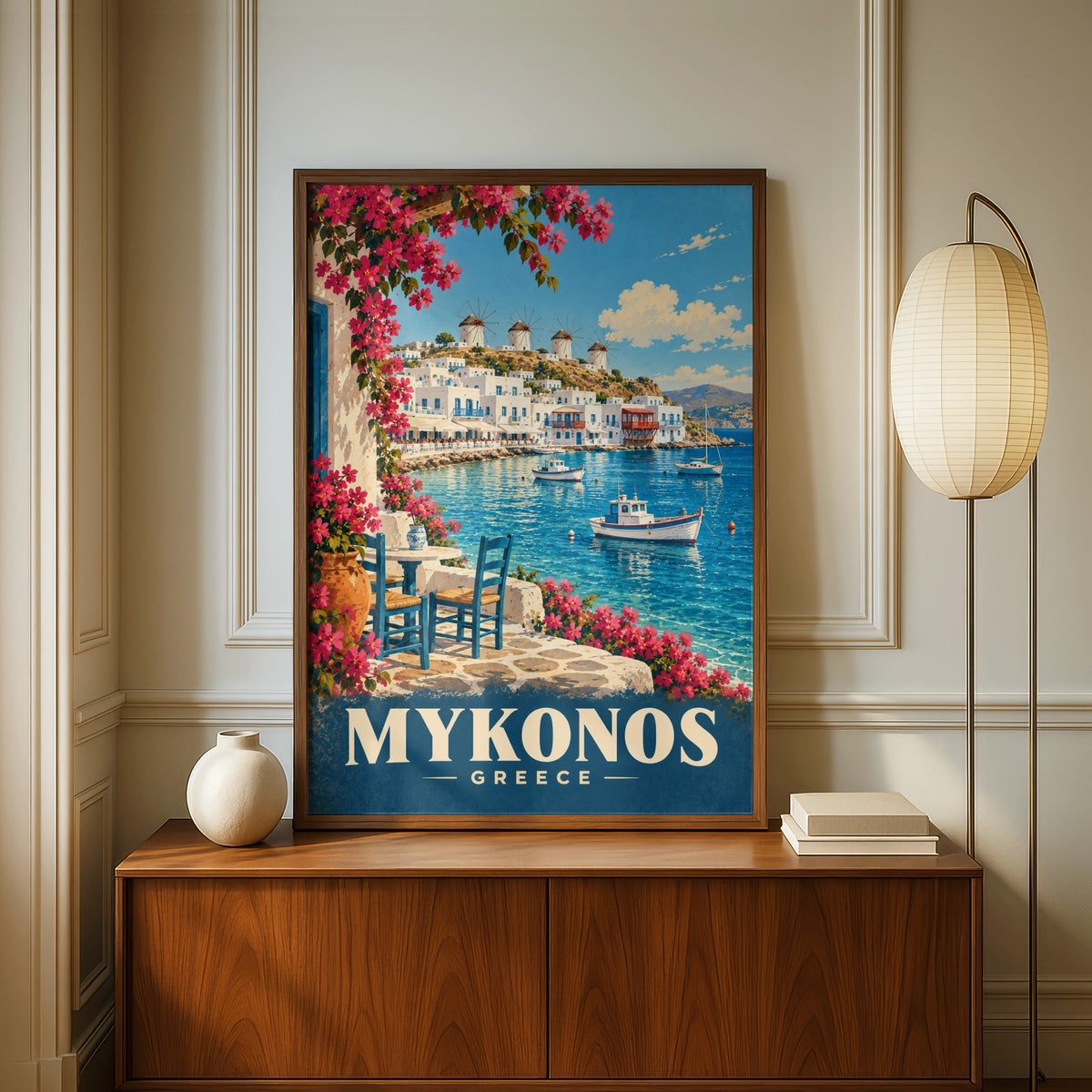 Mykonos Greece Travel Poster, Greek Island Wall Art, Aegean Sea Windmill Print
