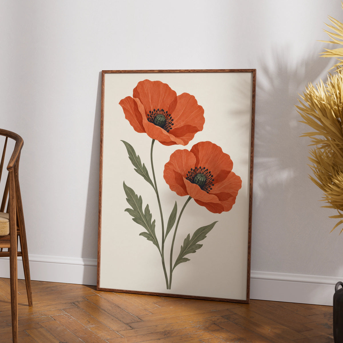 Wild Poppy Pair Botanical Print, Red Poppy Flower Wall Art, Minimalist Floral Poster