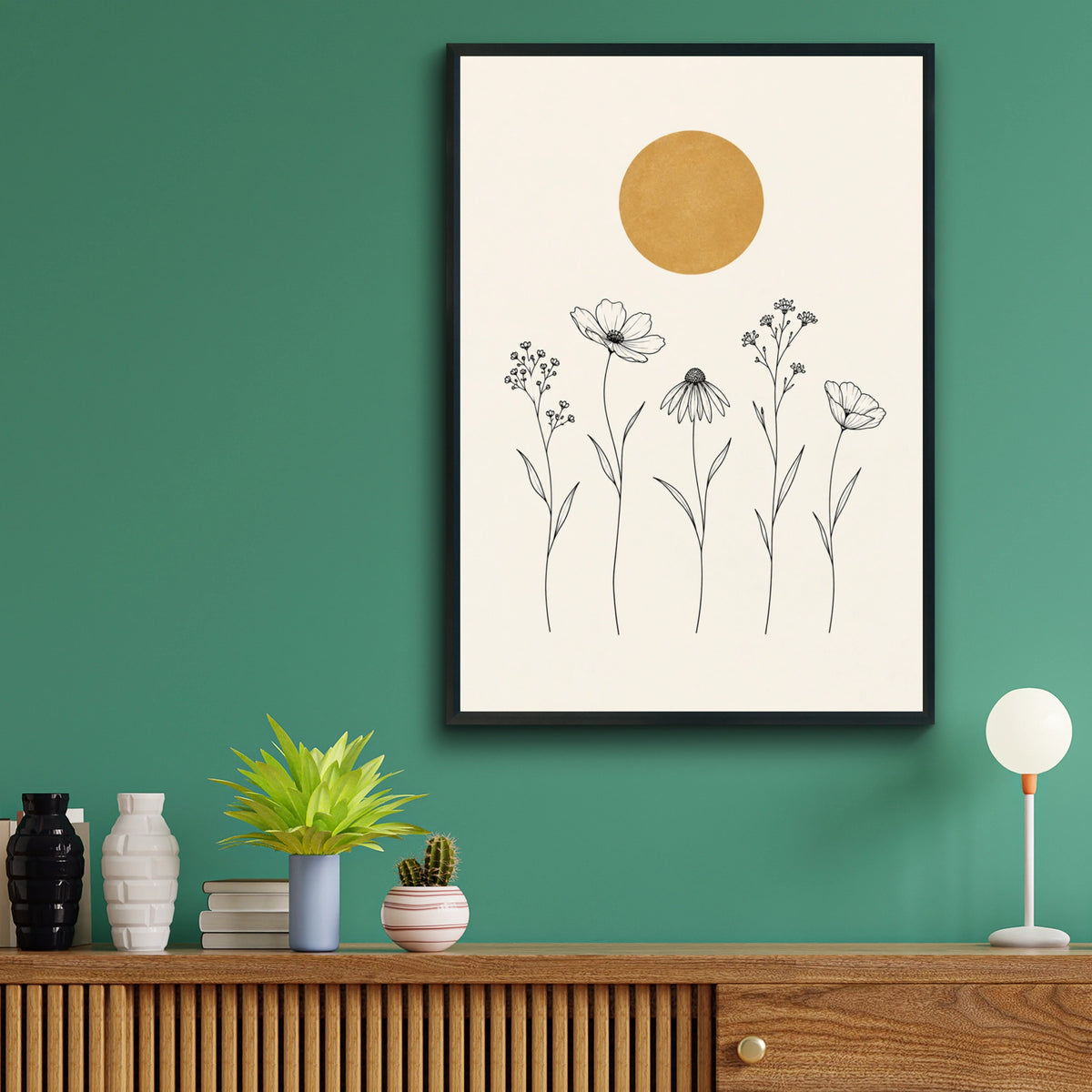 Wildflower Meadow Line Art Print, Gold Sun Botanical Wall Art, Minimalist Floral Poster