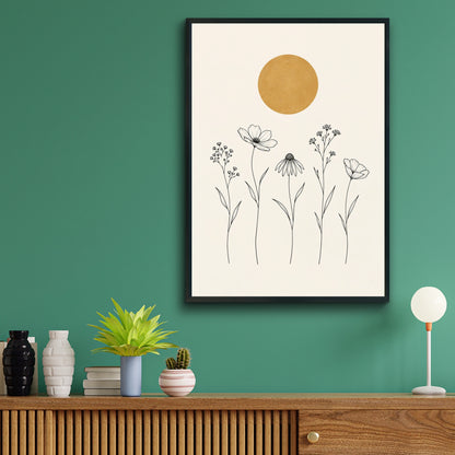 Wildflower Meadow Line Art Print, Gold Sun Botanical Wall Art, Minimalist Floral Poster
