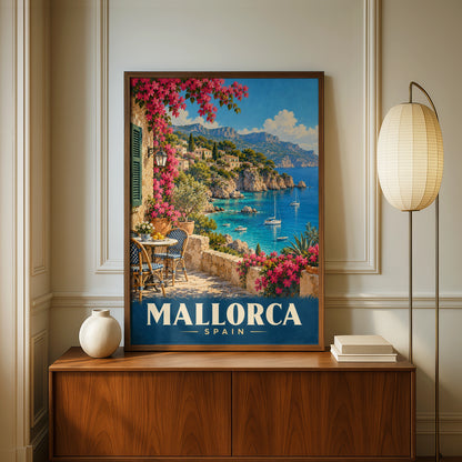 Mallorca Spain Travel Poster, Vintage Mediterranean Wall Art, Balearic Coast Print