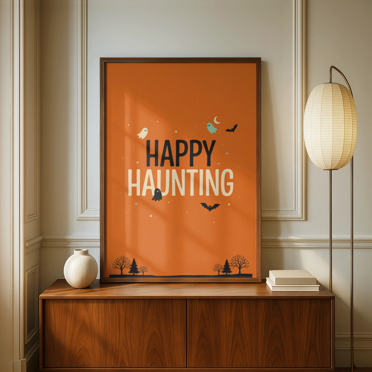 Happy Haunting Halloween Poster, Ghost Bat Orange Wall Art, Spooky Season Print