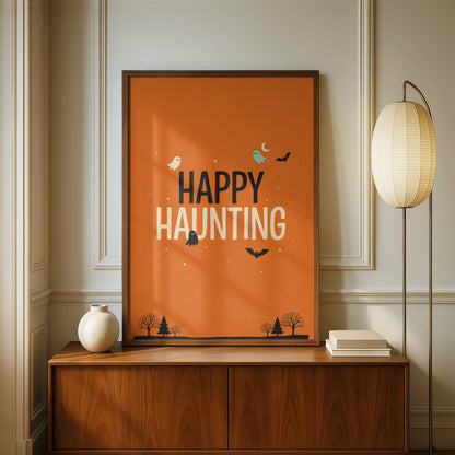 Happy Haunting Halloween Poster, Ghost Bat Orange Wall Art, Spooky Season Print