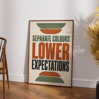 Lower Expectations Funny Quote Poster, Retro Humour Wall Art, Terracotta Green Home Print