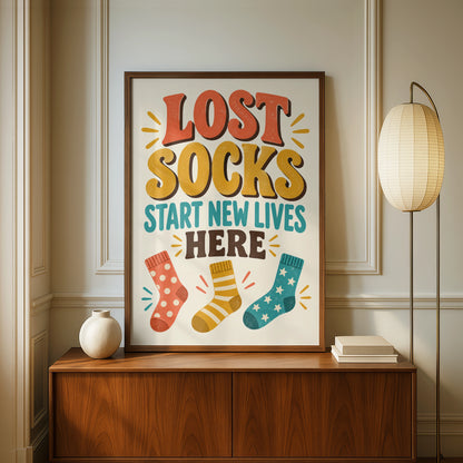 Lost Socks Start New Lives Here Funny Laundry Room Poster, Retro Humour Wall Art