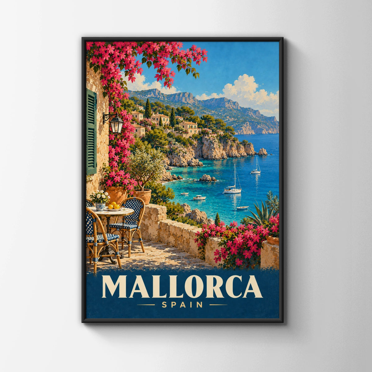 Mallorca Spain Travel Poster, Vintage Mediterranean Wall Art, Balearic Coast Print