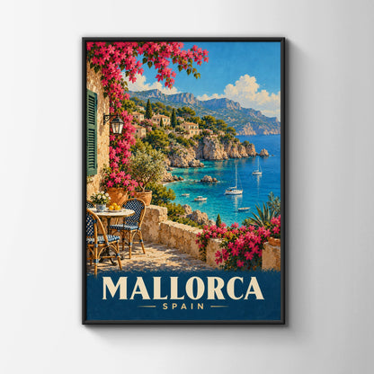 Mallorca Spain Travel Poster, Vintage Mediterranean Wall Art, Balearic Coast Print