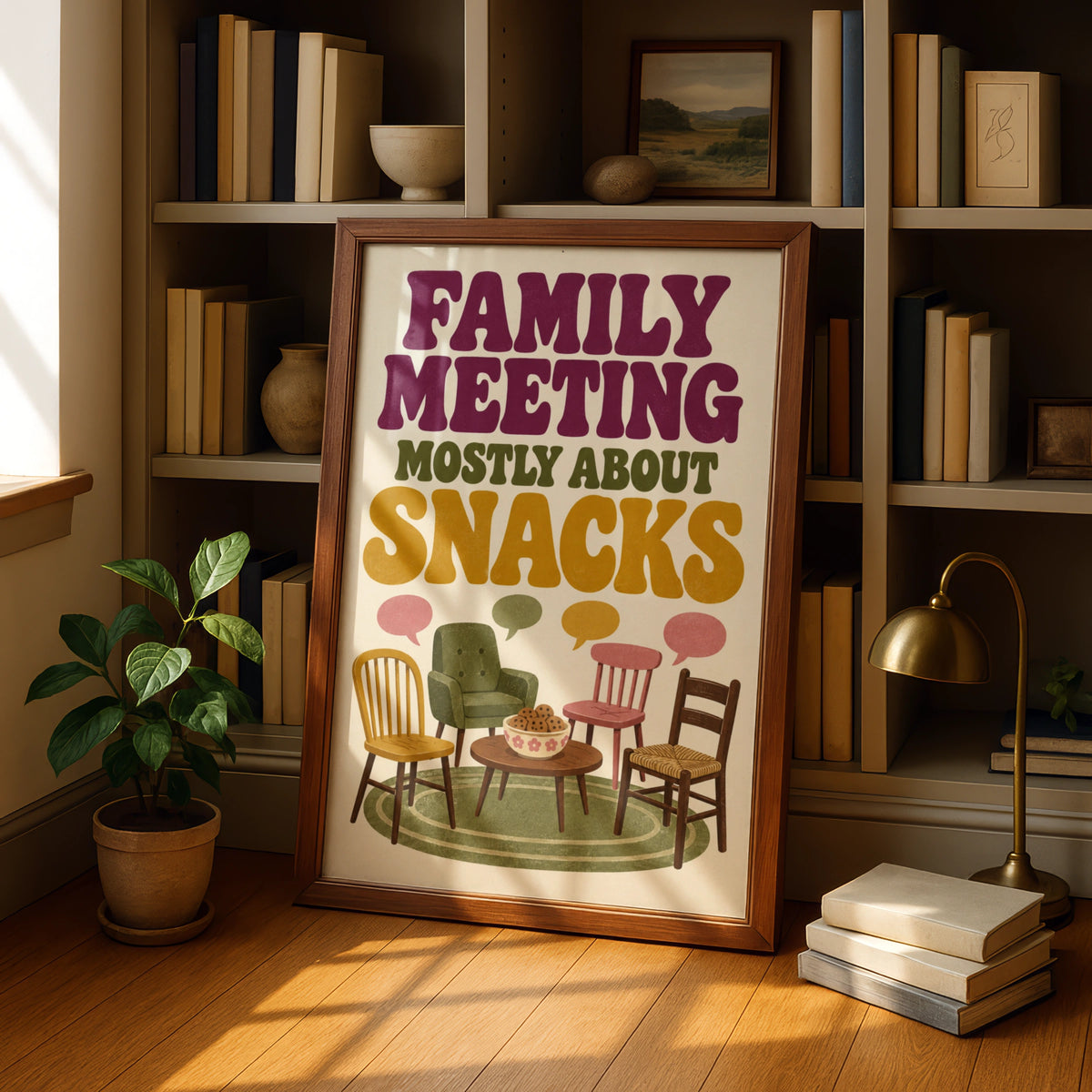Family Meeting Mostly About Snacks Poster, Funny Kitchen Wall Art, Retro Home Print