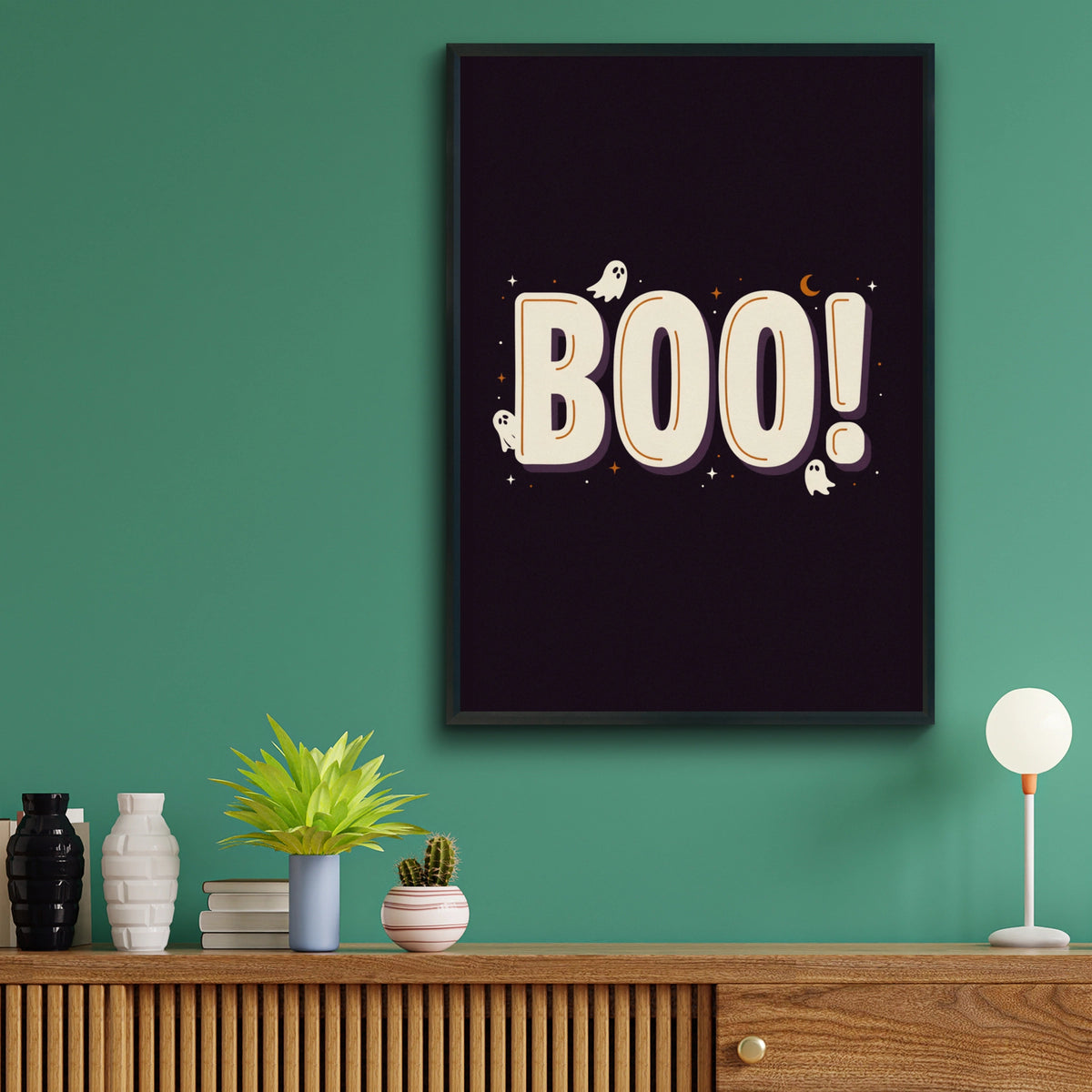 Boo Halloween Ghost Poster, Spooky Wall Art, Dark Purple Retro Typography Print
