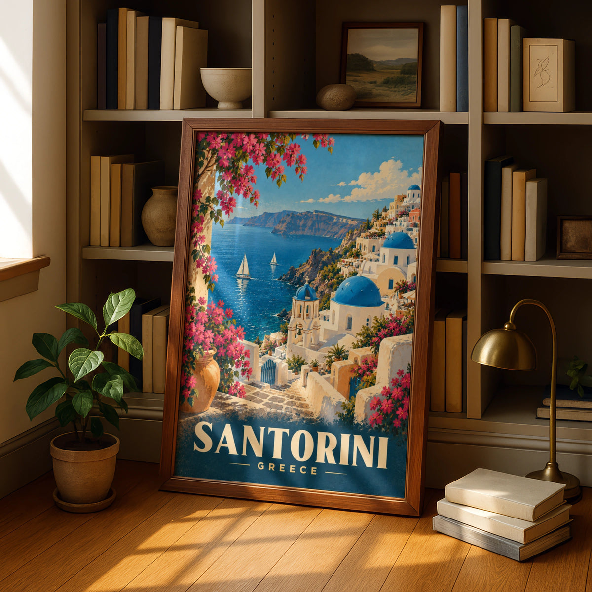 Santorini Greece Travel Poster, Mediterranean Wall Art, Blue Dome Church Print