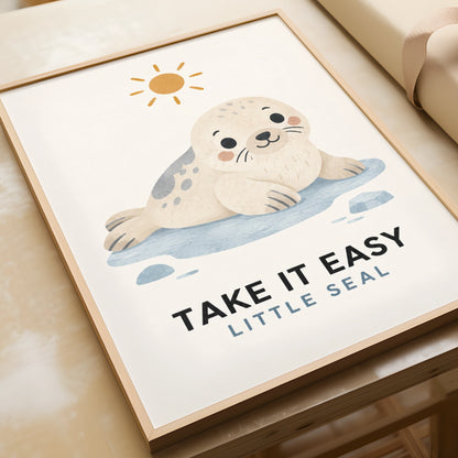 Take It Easy Little Seal Poster, Cute Baby Seal Print, Kids Ocean Animal Wall Art