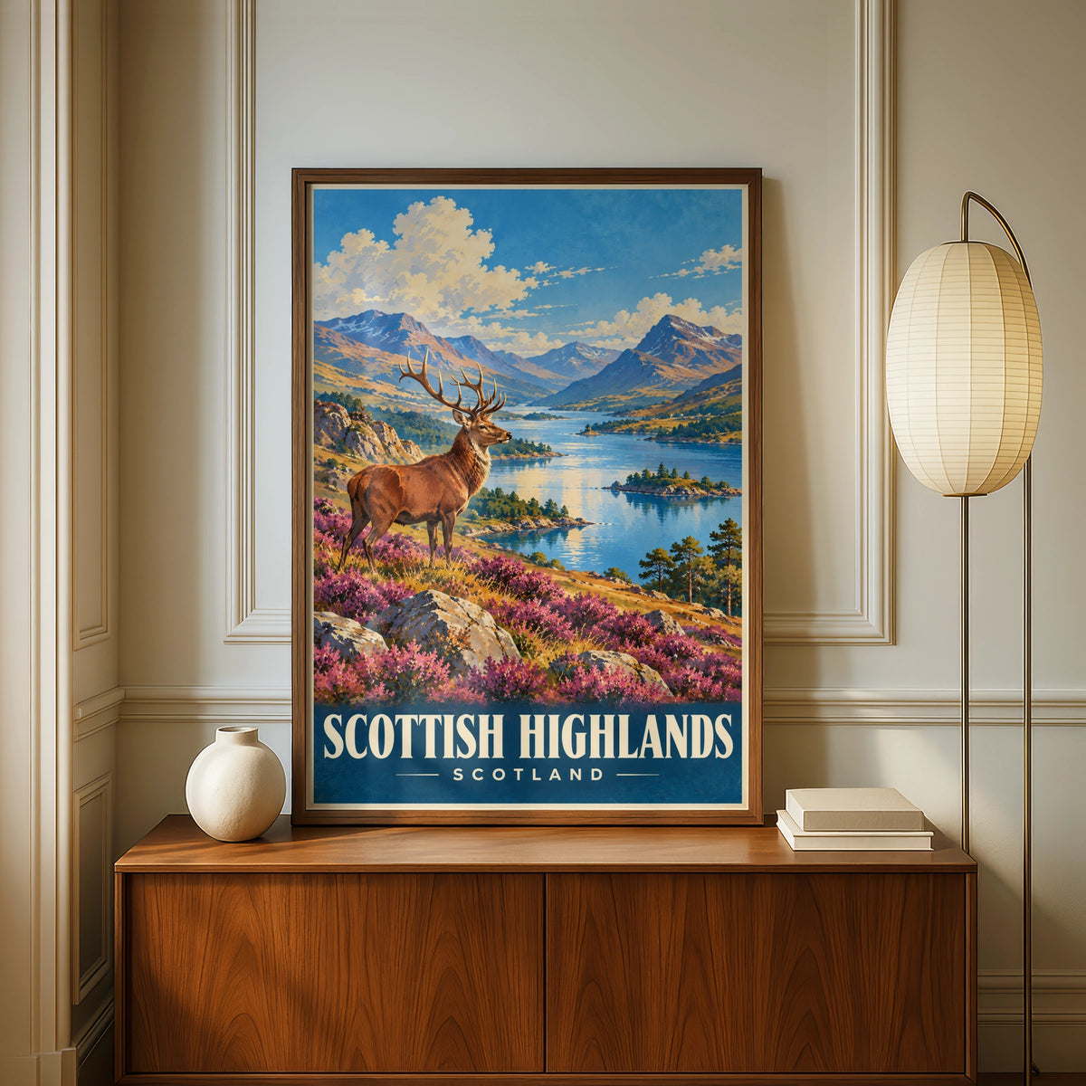 Scottish Highlands Scotland Poster, Red Deer Stag Print, Loch Mountain Wall Art, Vintage Travel