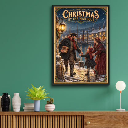 Christmas by the Harbour Poster, Victorian Nautical Xmas Wall Art, Snowy Festive Print