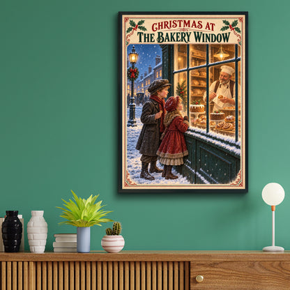Christmas Bakery Window Poster, Vintage Victorian Snowy Street Wall Art Print