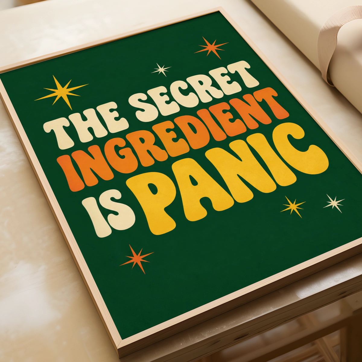 The Secret Ingredient Is Panic Poster, Funny Kitchen Wall Art, Retro Green Print