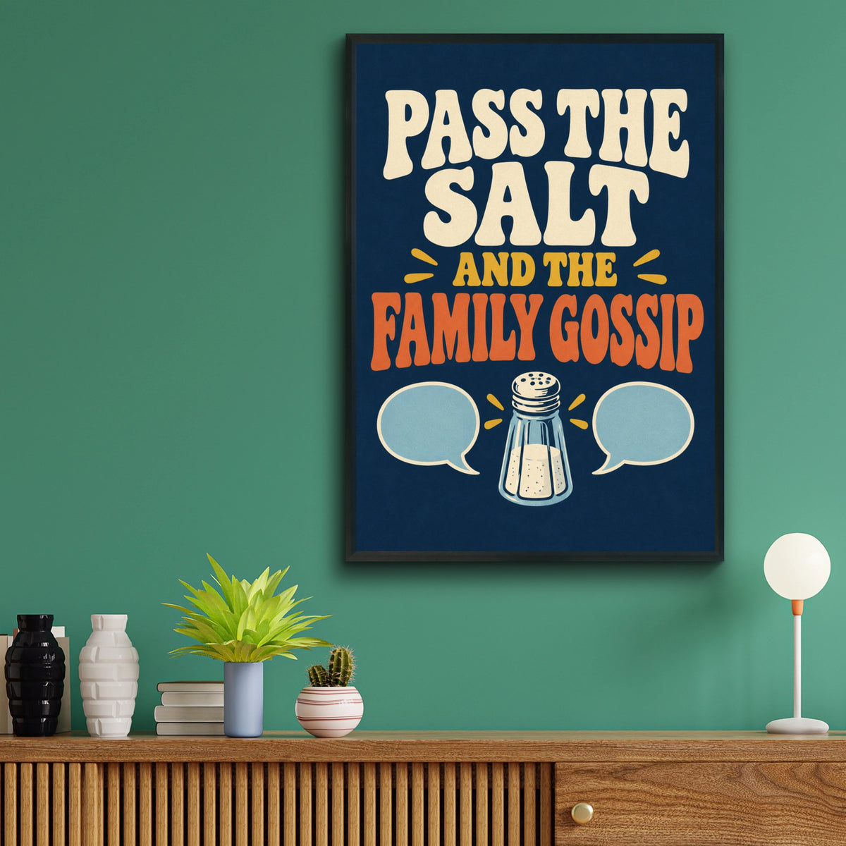 Pass the Salt and the Family Gossip Poster, Funny Kitchen Wall Art, Retro Dining Room Print