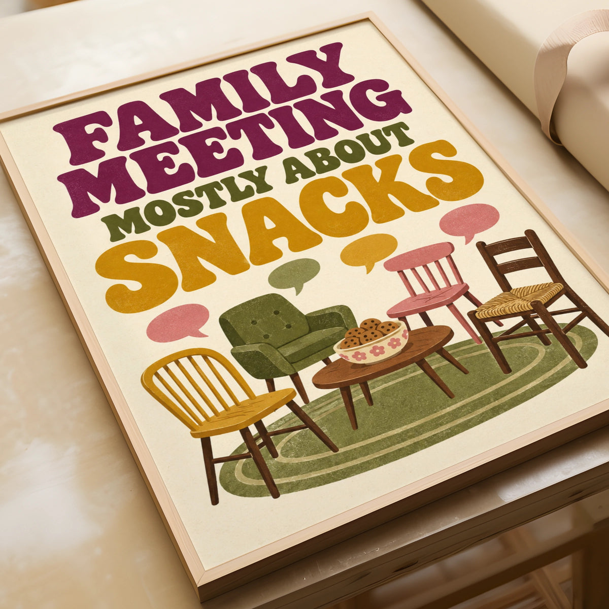 Family Meeting Mostly About Snacks Poster, Funny Kitchen Wall Art, Retro Home Print