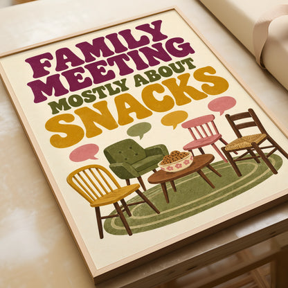 Family Meeting Mostly About Snacks Poster, Funny Kitchen Wall Art, Retro Home Print
