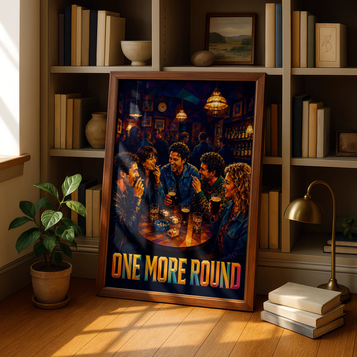 One More Round Pub Poster, Friends Drinking Beer Wall Art, Low Poly Bar Print