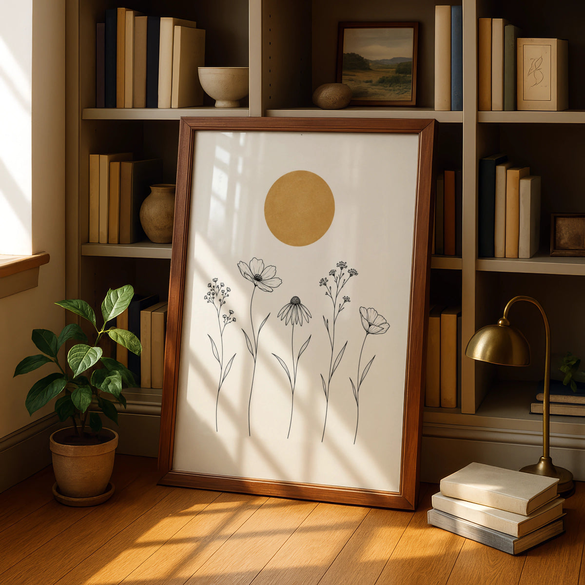 Wildflower Meadow Line Art Print, Gold Sun Botanical Wall Art, Minimalist Floral Poster