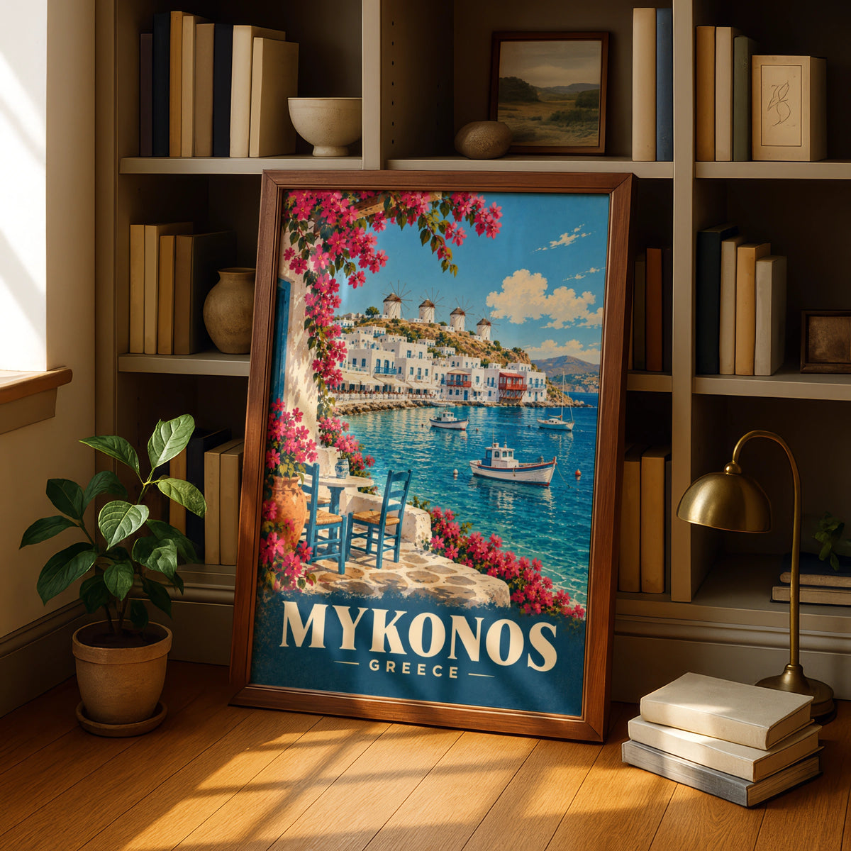 Mykonos Greece Travel Poster, Greek Island Wall Art, Aegean Sea Windmill Print