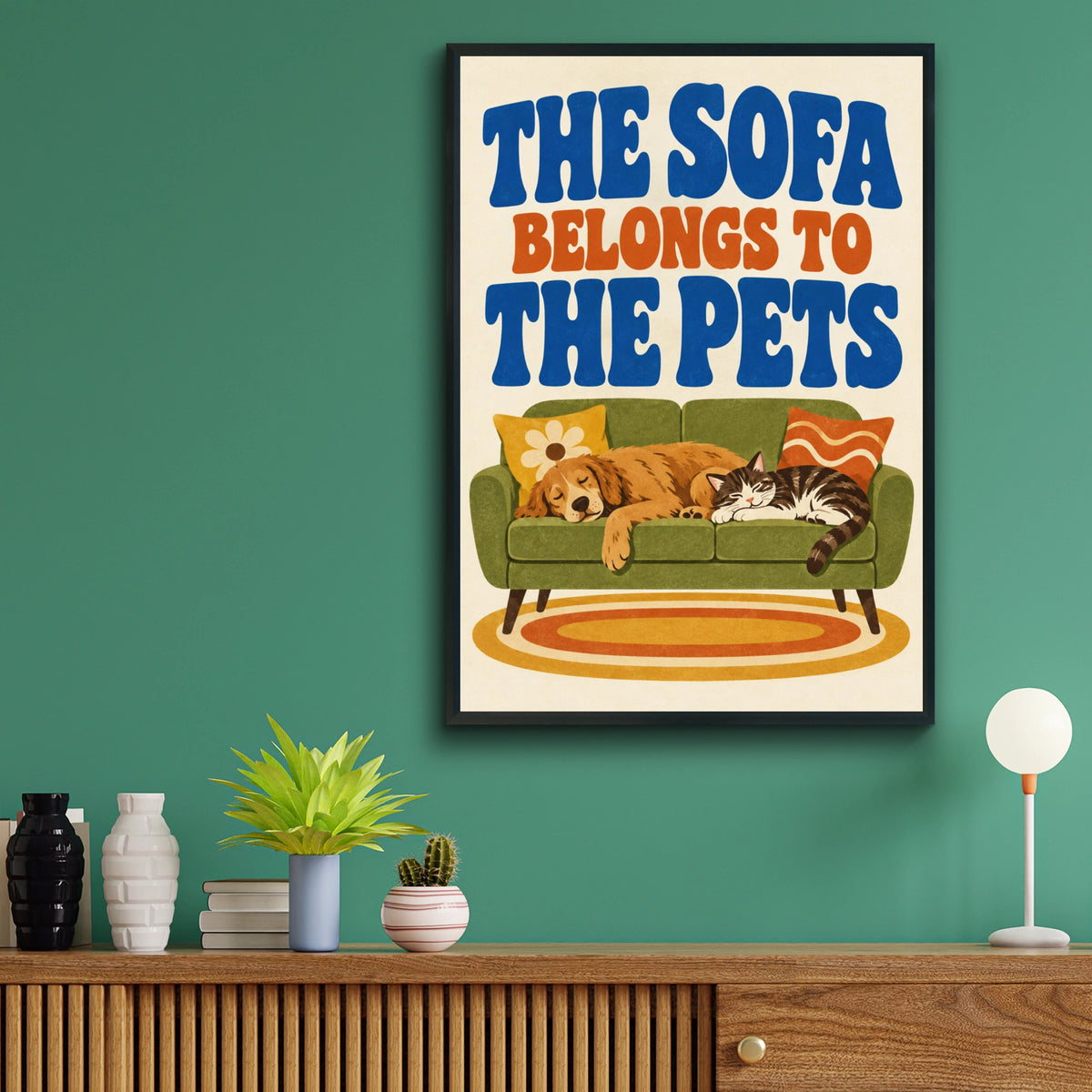 The Sofa Belongs To The Pets Poster, Retro Cat Dog Wall Art, Funny Pet Print