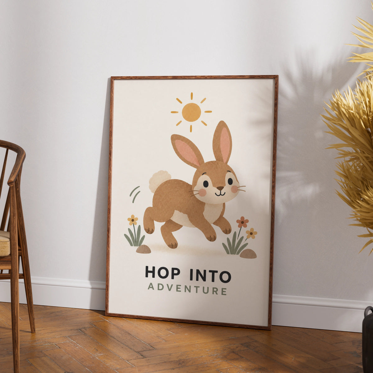 Hop Into Adventure Bunny Nursery Poster, Cute Rabbit Kids Wall Art Print
