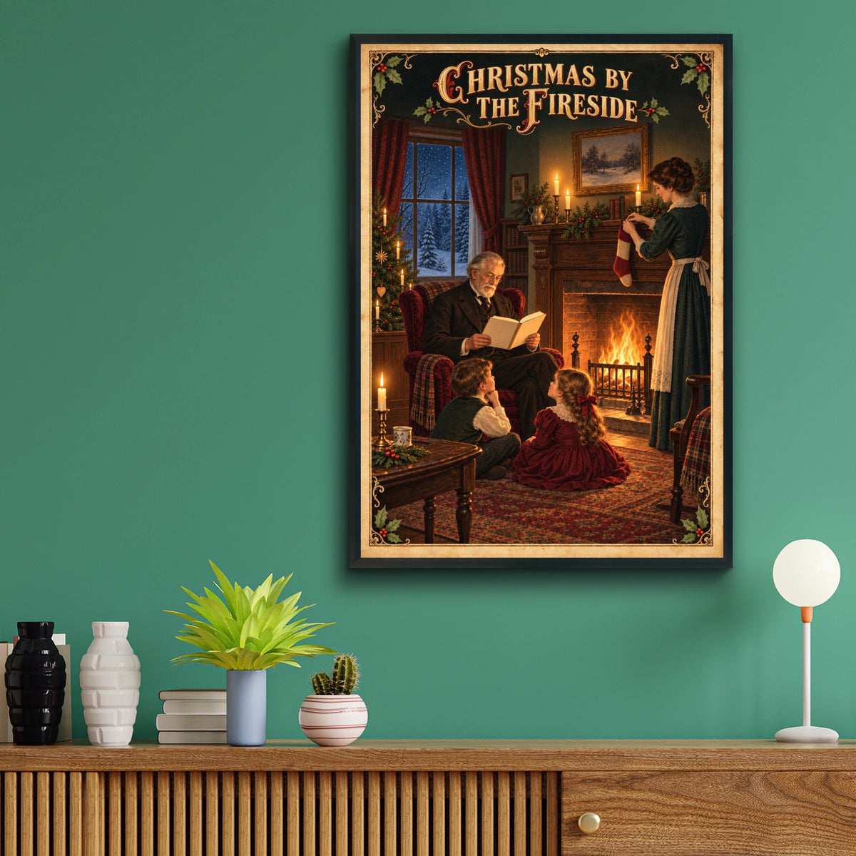 Christmas by the Fireside Poster, Victorian Family Print, Vintage Holiday Wall Art