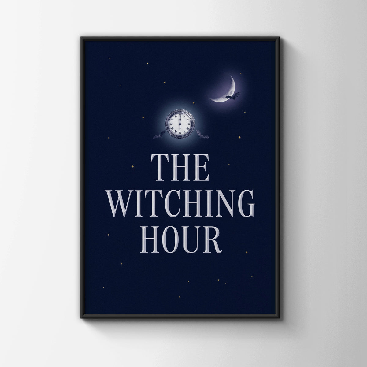 The Witching Hour Halloween Poster, Gothic Bat Moon Clock Wall Art, Dark Navy Print