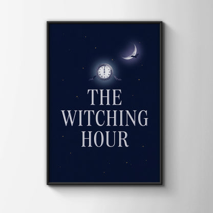 The Witching Hour Halloween Poster, Gothic Bat Moon Clock Wall Art, Dark Navy Print