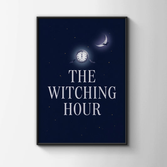 The Witching Hour Halloween Poster, Gothic Bat Moon Clock Wall Art, Dark Navy Print