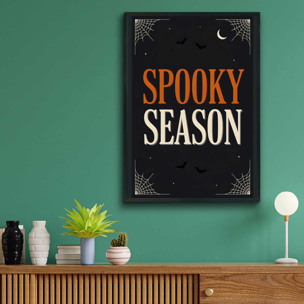 Spooky Season Halloween Poster, Black Orange Wall Art, Bat Spider Web Print, A3