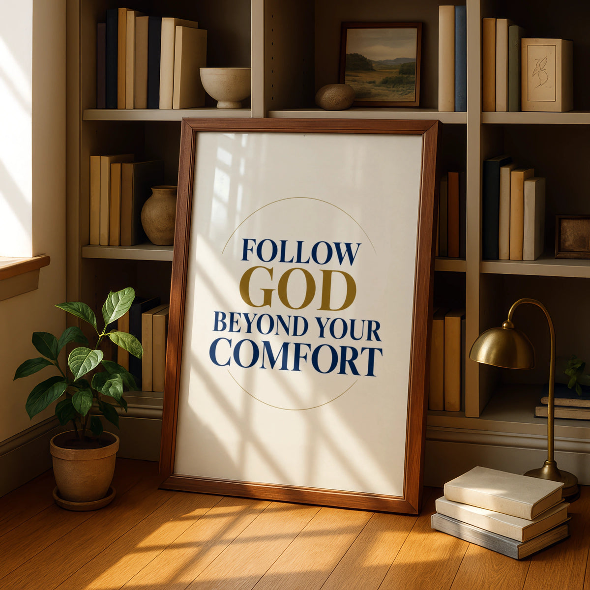 Follow God Beyond Your Comfort Christian Quote Poster, Navy Gold Faith Wall Art