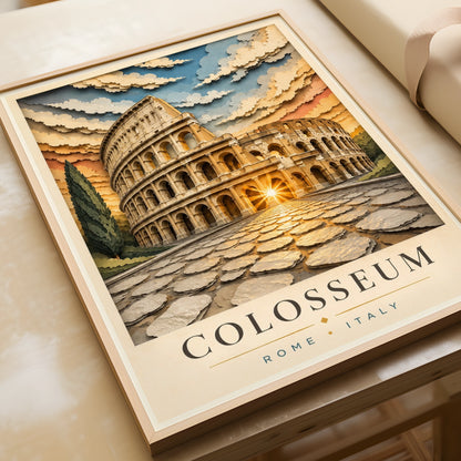Colosseum Rome Poster, Italy Travel Print, Paper Cut Art, Roman Wall Decor
