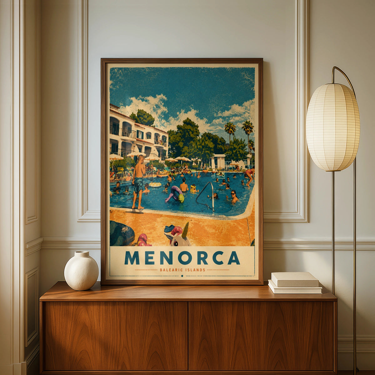 Menorca Poster, Balearic Islands Retro Travel Print, Spain Pool Summer Wall Art