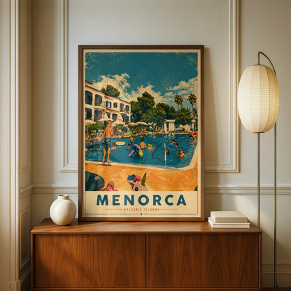 Menorca Poster, Balearic Islands Retro Travel Print, Spain Pool Summer Wall Art