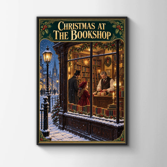 Christmas at the Bookshop Poster, Victorian Bookstore Wall Art, Festive Reading Print