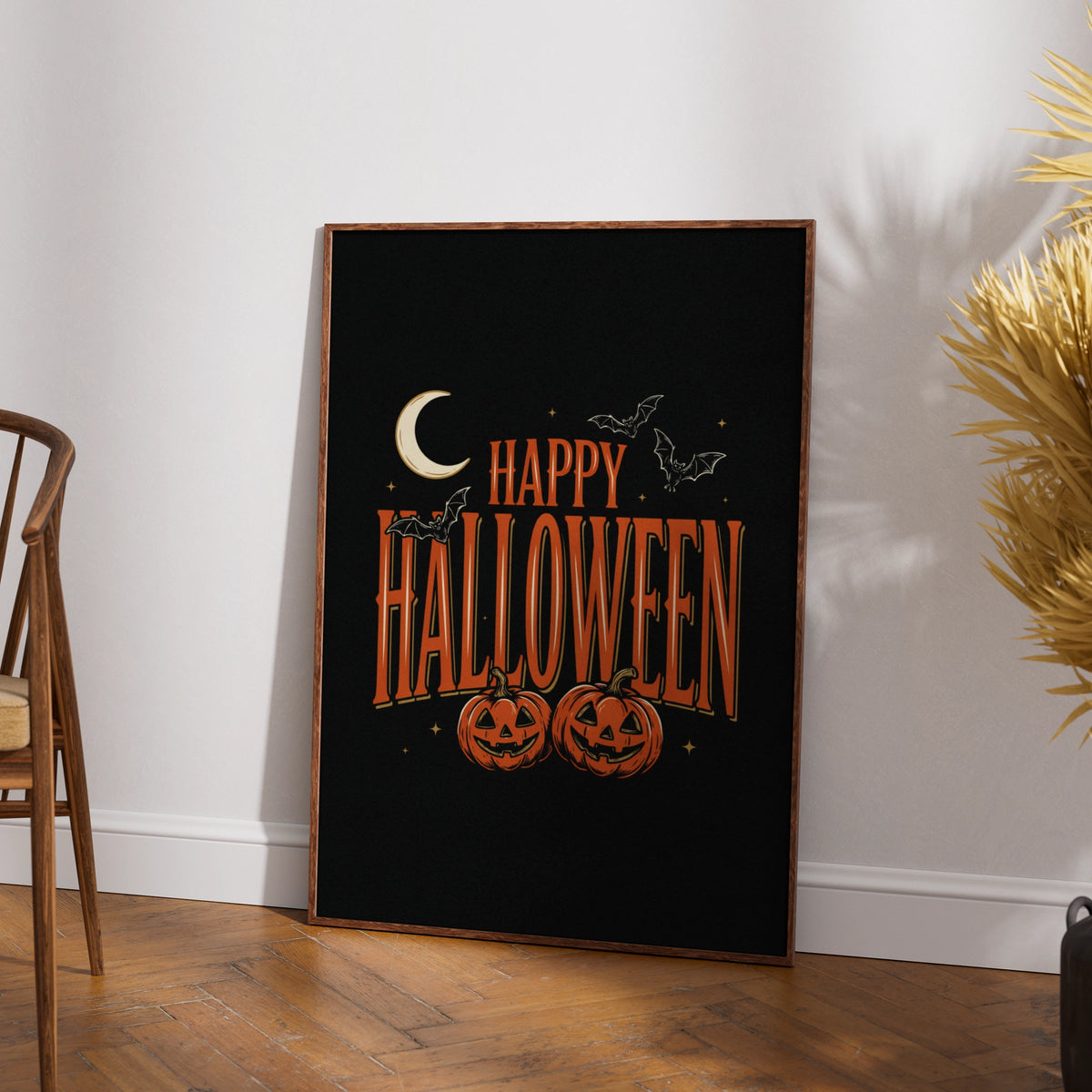 Happy Halloween Poster, Jack-o-Lantern Wall Art, Pumpkin Bat Moon Spooky Print, Orange Black