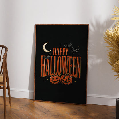 Happy Halloween Poster, Jack-o-Lantern Wall Art, Pumpkin Bat Moon Spooky Print, Orange Black