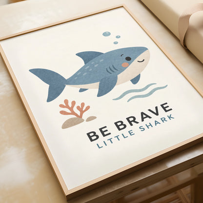 Be Brave Little Shark Nursery Print, Cute Ocean Wall Art, Kids Room Poster, Blue