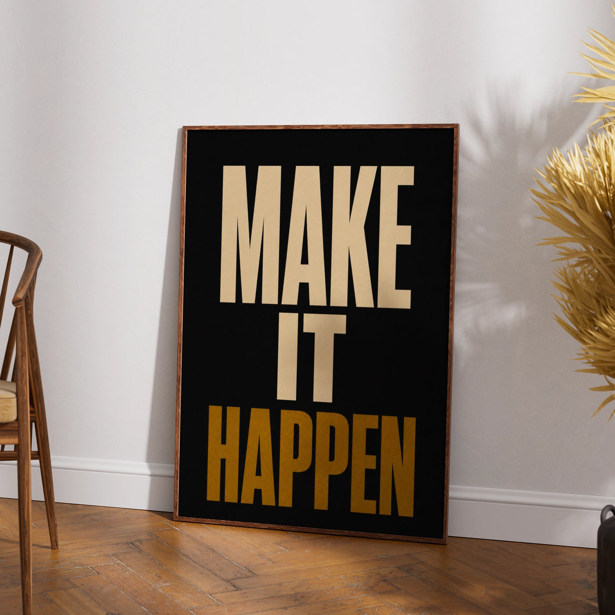 Make It Happen Motivational Quote Poster, Black Gold Bold Typography Wall Art