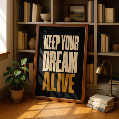 Keep Your Dream Alive Motivational Quote Poster, Bold Black Gold Wall Art Print