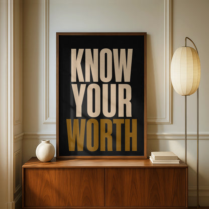 Know Your Worth Motivational Quote Poster, Bold Typography Wall Art, Black Gold