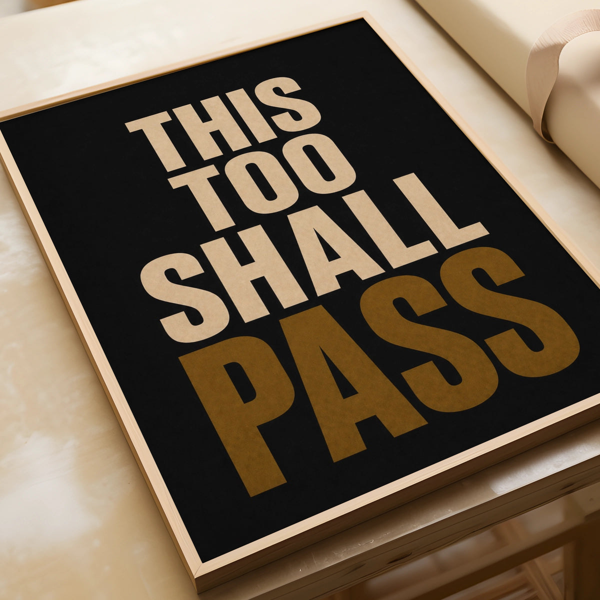 This Too Shall Pass Quote Print, Motivational Wall Art, Black Gold Typography Poster